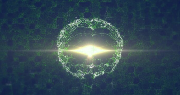 Animation of light trails over digital brain and shapes on black background