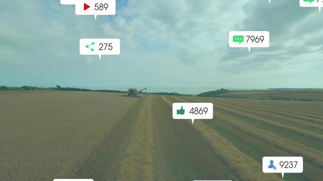 Yellow combine harvester harvesting golden wheat field, floating social icons highlighting metrics
