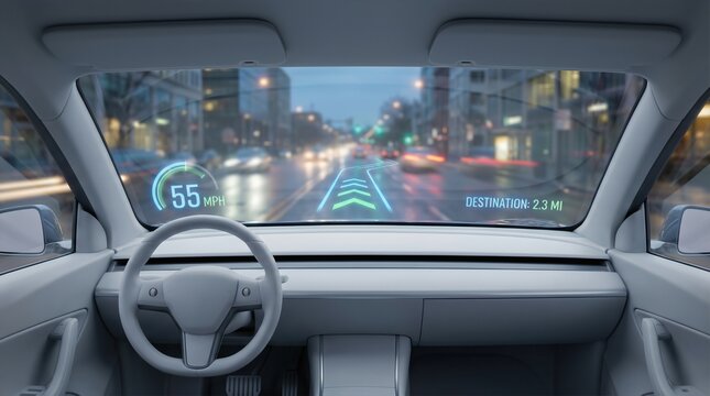 Futuristic Car Interior with Head Up Display HUD Showing Navigation and Speed