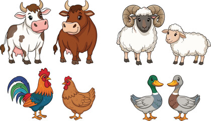 Fototapeta premium Set of Cute Cartoon Farm Animals Including Cow, Sheep, Duck, Rooster, and Hen in a Colorful Style