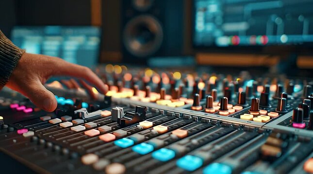 Experienced Audio Engineer Adjusting Levels on a Professional Mixing Console in a Music Studio