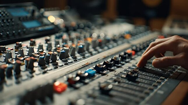 Professional Audio Engineer Fine-Tuning Sound Levels on a Studio Mixing Console for Music Production