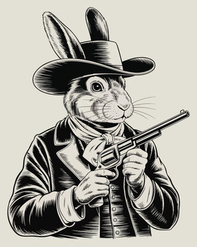 Black and white rabbit outlaw wearing a cowboy hat and bandana