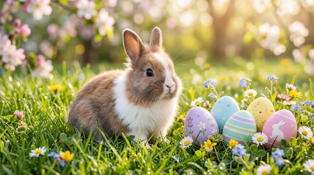 春の花咲く野原に座る可愛い子ウサギとパステルカラーのイースターエッグ