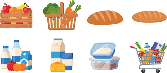 Grocery Food Set with Fresh Fruits Vegetables Bread Dairy Products and Shopping Cart Items for Supermarket and Healthy Lifestyle Vector Illustration © Mst