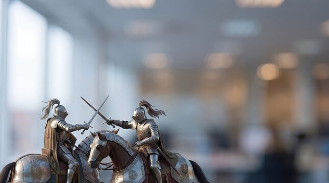 Miniature Knights Fighting on Horseback in Blurred Modern Office