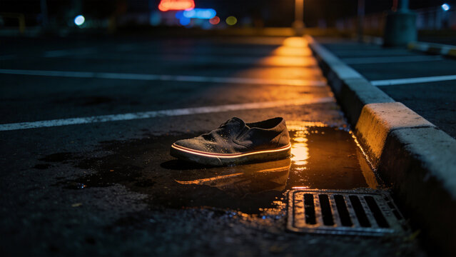 暗がりに浮かぶ都会駐車場の靴、街灯の光が残す映画的な夜の余韻