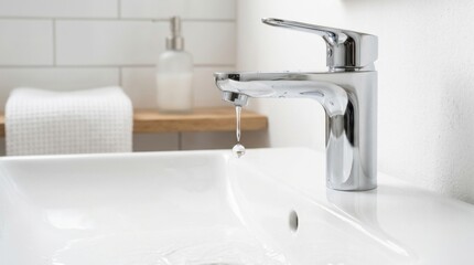 Polished chrome faucet with a single water droplet falling into a clean white sink in a modern bathroom setting.