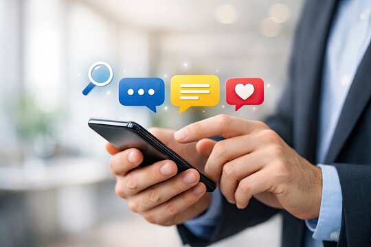 Businessman using smartphone with social media icons for communication and networking.