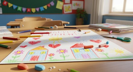 Fototapeta premium Childs Drawing on a School Desk - Colorful Houses and Hearts.