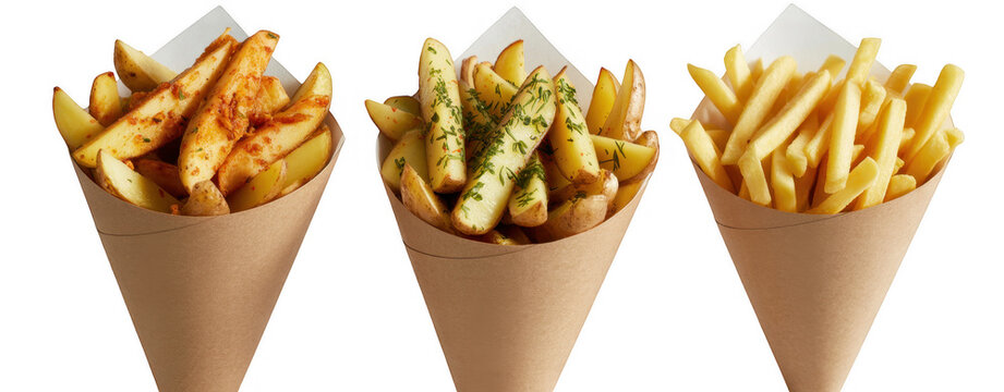 Three cones of french fries with different toppings paper cones spices isolated on a transparent background