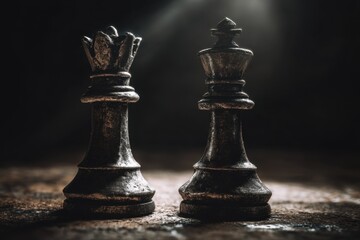 Fototapeta premium Queen and King Chess Pieces in Dramatic Light, Strategic Game Elements