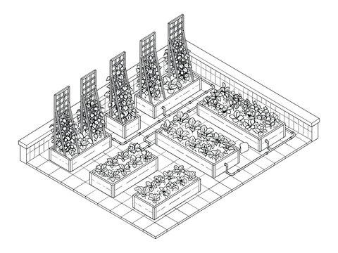 Isometric sketch of a rooftop garden with raised beds and plants vector