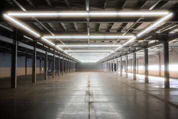 Obraz premium Industrial warehouse with long fluorescent lights, creating a stark and empty space.
