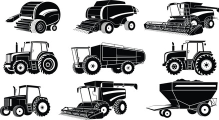 Black silhouette illustration showing nine different agricultural machinery types including tractors, combine harvesters, balers, and grain carts used in modern farming and crop production systems. © Masuda