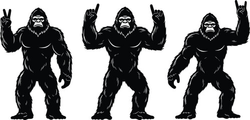 Black silhouette illustration of gorillas standing upright making peace, rock, and pointing gestures, symbolizing wildlife, humor, expressive design, and creative artwork projects © Ziyarul
