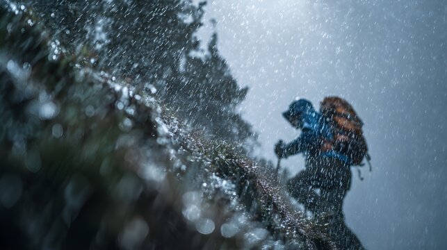 Hiker climbing steep slope in heavy rain droplets frozen mid-air capturing extreme outdoor challenge