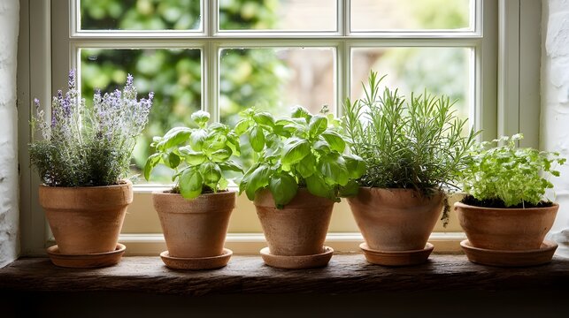 Fresh herb garden in terracotta pots on bathroom windowsill adding greenery to home decor