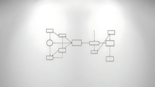 flowchart. Abstract flowchart with geometric shapes connected by thin lines, representing minimalist business concepts. pitch deck slides.