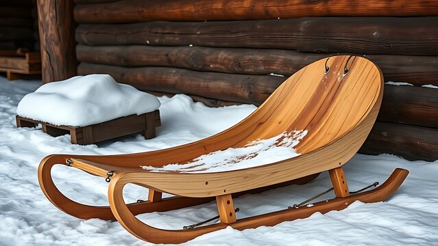 sundered. A traditional wooden toboggan leaning against a rustic cabin wall in the snow. travel magazines, destination branding, designed for outdoor magazines and nature guides, used by copywriters.