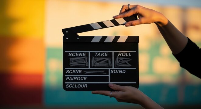 Hands hold a clapperboard in front of a colorful, blurred background
