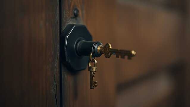 misaligned. A brass key slightly misaligned with a lock on an old wooden door. real-estate listings, architecture portfolios, designed for real-estate listing and luxury residence showcases.