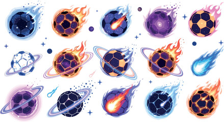 Colorful cartoon planets and comets set, fantasy space elements with fire trails and glowing galaxies, cosmic universe collection flat vector illustration © Mst