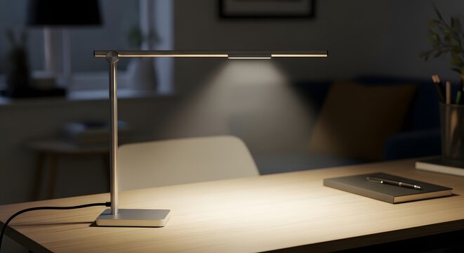 Modern LED desk lamp illuminating wooden tabletop with notebook and pen