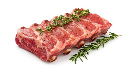 Fototapeta premium Rib Rack Culinary Delight: A mouthwatering raw rack of ribs, artfully adorned with fresh rosemary sprigs, ready for culinary creation.