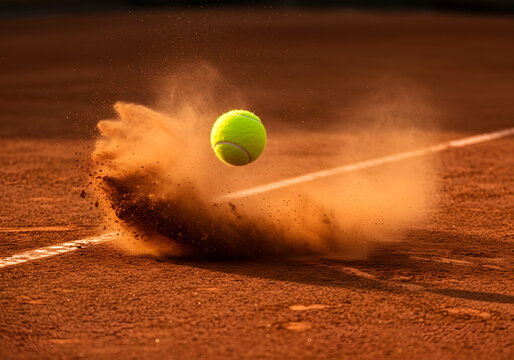 Tennis ball impacting clay court