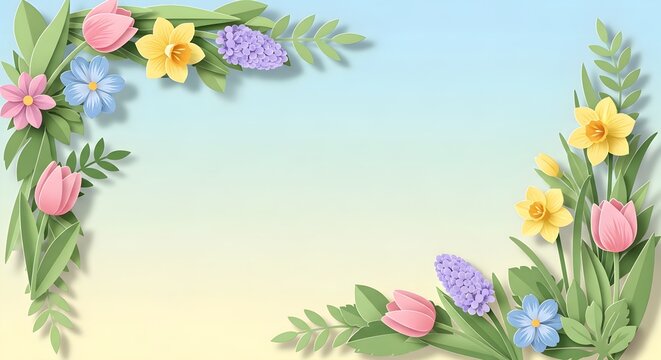 Spring flower corner frame with tulips, daffodils, and hyacinths on a soft gradient background, mothers day