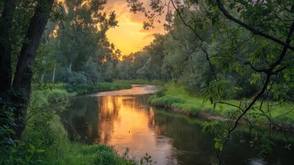 Fototapeta premium River reflecting orange sunset light in forested bend
