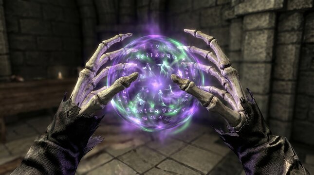 Skeleton Hands Holding Glowing Magic Orb in Stone Dungeon