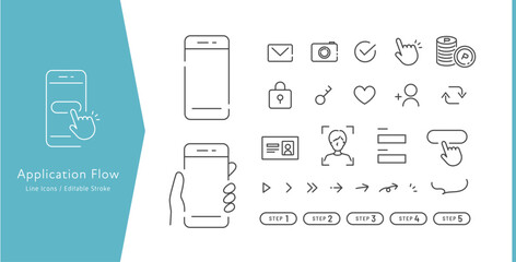 スマホで申込み･契約の流れ･登録の手順作成に便利なベクターアイコンセット (線画･モノクロ) Editable stroke © Keyglad