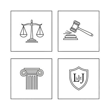 Set of Legal and Justice Icons with Scales, Gavel, Pillar, and Shield