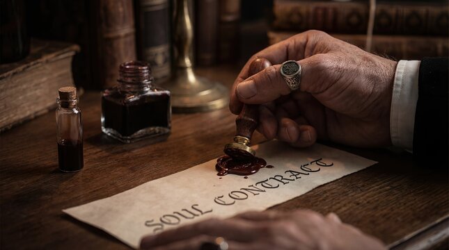Close Up of Hand Sealing Soul Contract Document with Wax Stamp