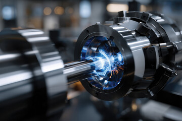 Fototapeta premium This striking image illustrates an illuminated stream of energy flowing through a mechanical device, conveying the harmonious blend of technology and fluid dynamics in design.