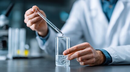 Fototapeta premium Scientist in the Lab: A scientist in a pristine lab environment, meticulously conducting scientific research by carefully adding a solution using a pipette to a glass beaker.