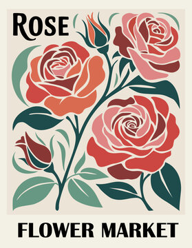Trendy abstract flower market poster with stylized roses in mid-century modern colors. Retro botanical wall art in groovy naive style, perfect for contemporary interior decor