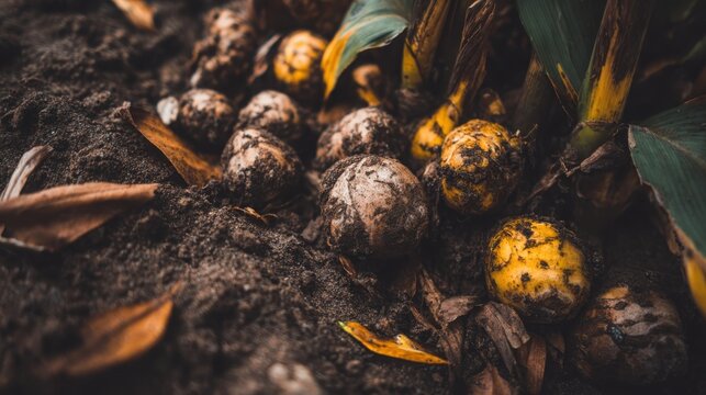 Close-up view of unearthed ginger rhizomes piled in dark soil with green leaves