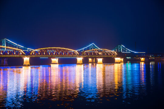 Yalu River Bridge Dandong Liaoning - Night Reflections