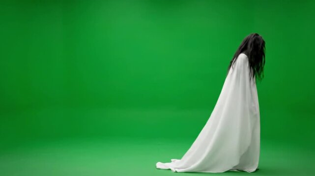 Scary Female Ghost Walking on Green Screen Background