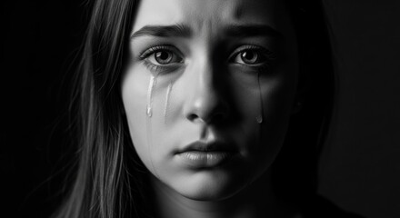 Fototapeta premium Portrait of a woman with tears streaming down her face, in grayscale