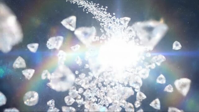 A million tiny crystals released into the sky concept. Sparkling diamonds shining brightly with light and rainbow reflections in a cosmic space background
