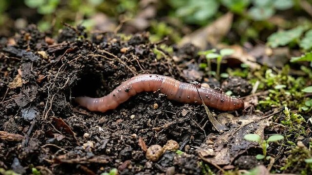 Regenerative grazing earthworm moving through moist soil compost and garden soil creating fertile invertebrate nutrient recycler enhancing soil