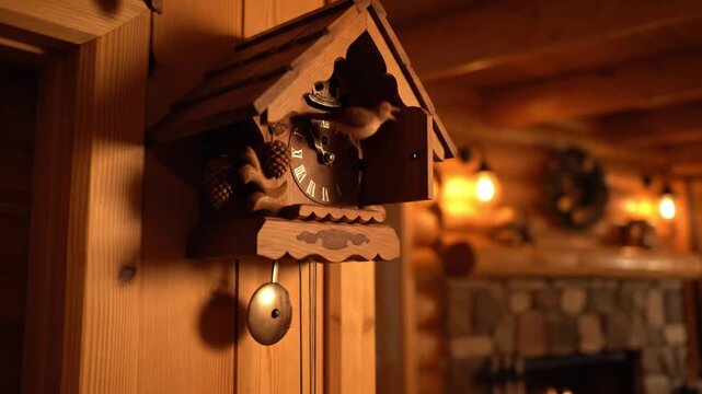 Traditional Wooden Cuckoo Clock in a Cozy Rustic Log Cabin