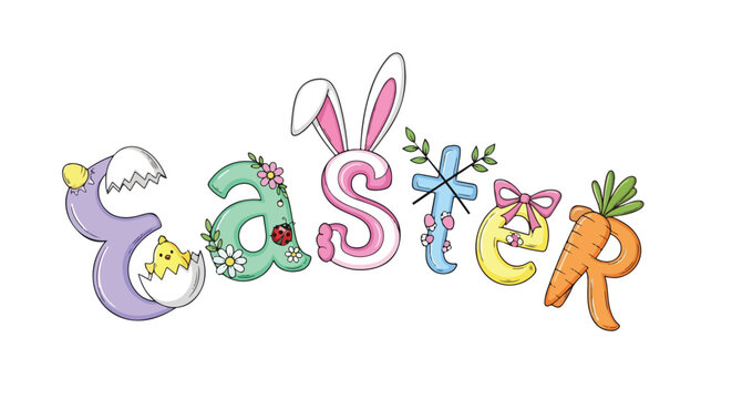 Colorful Easter word art with playful letters depicting chicks, bunnies, flowers, and carrots.