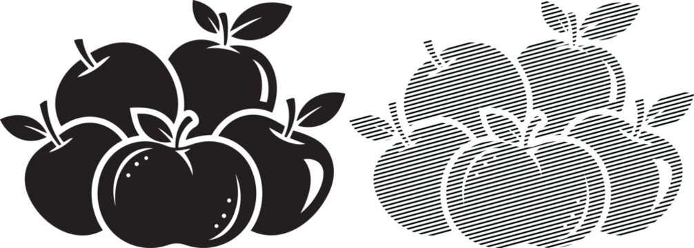 Contrasting black and white apple illustrations with different textures and shading techniques