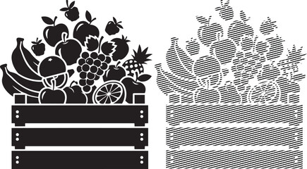 Obraz premium Vibrant illustration of fresh produce in wooden crates and a market basket