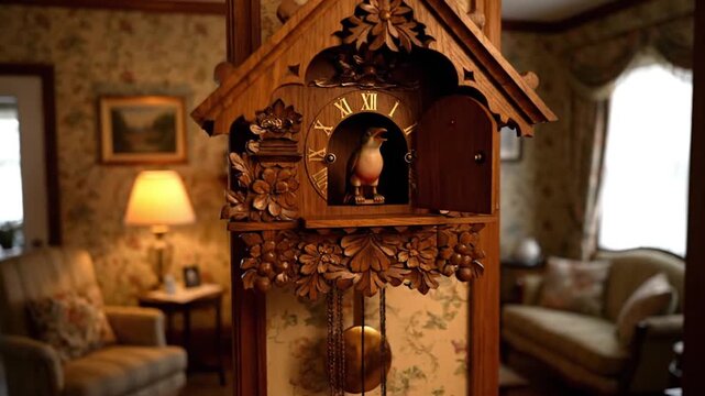 Traditional Wooden Cuckoo Clock Striking Noon in Cozy Living Room